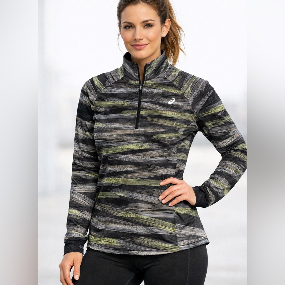 ASICS Women's L Half Zip Running Jacket Gray Green Striped Athletic Pullover